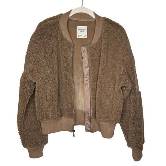 ABERCROMBIE & FITCH Womens Camel Tan Sherpa Bomber Jacket Velvet Lining Size M - Picture 3 of 6